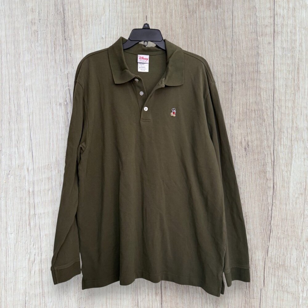 Disney Shopping Mickey Mouse Long Sleeve Pique Polo Olive Green Men’s XL